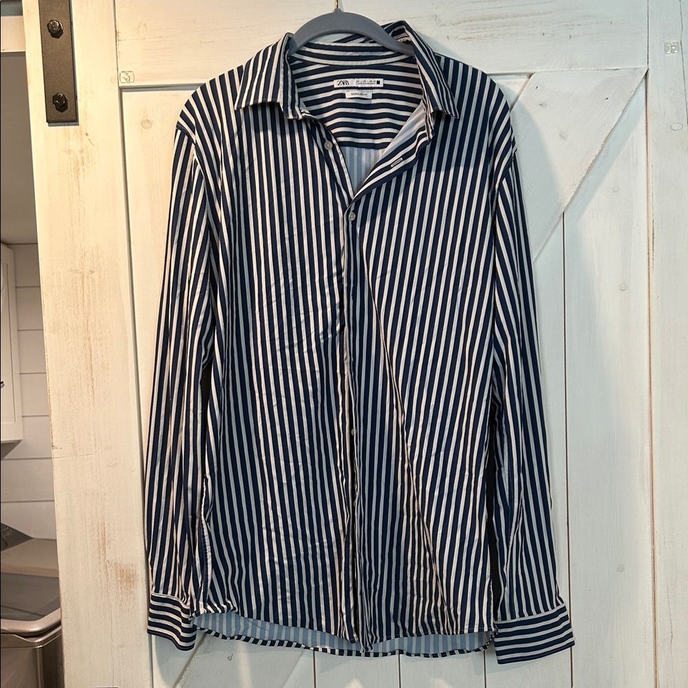 ZARA Navy and White Striped Buttondown Top Collared Nautical Large